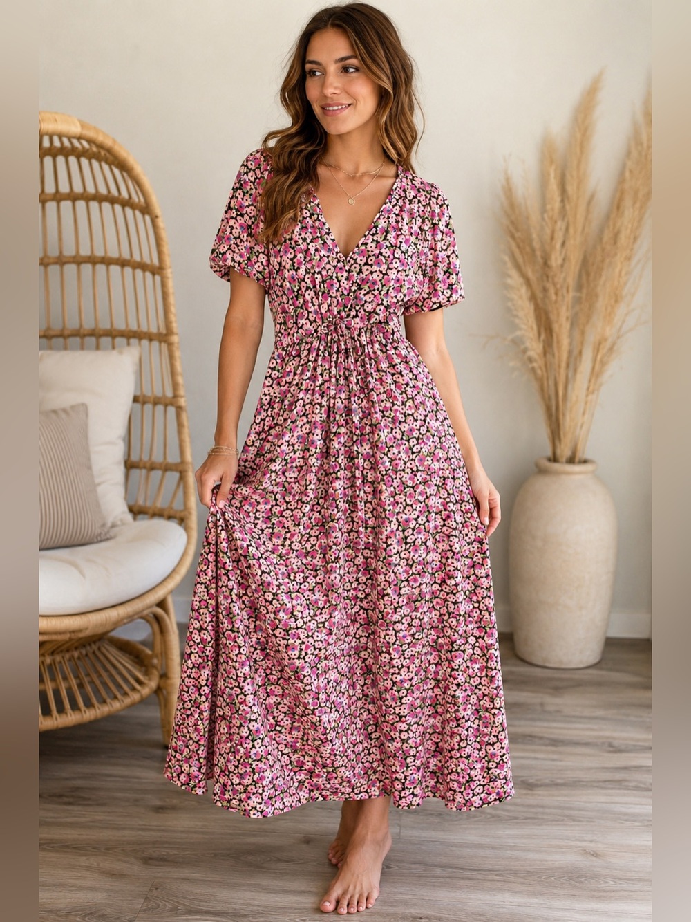 🌺 Banjanan Poppy Maxi Dress XL Black Pink Floral Puff Sleeve Tiered